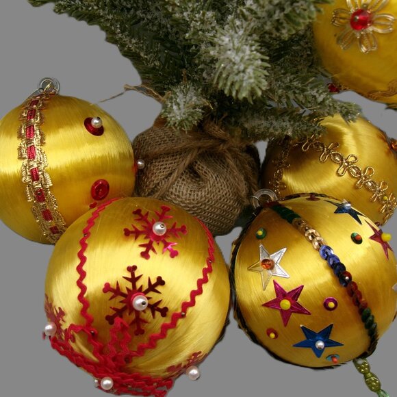 7 Gold Push Pin Christmas Ornaments, Satin Beaded Sequins, Vintage Handmade - Picture 4 of 10